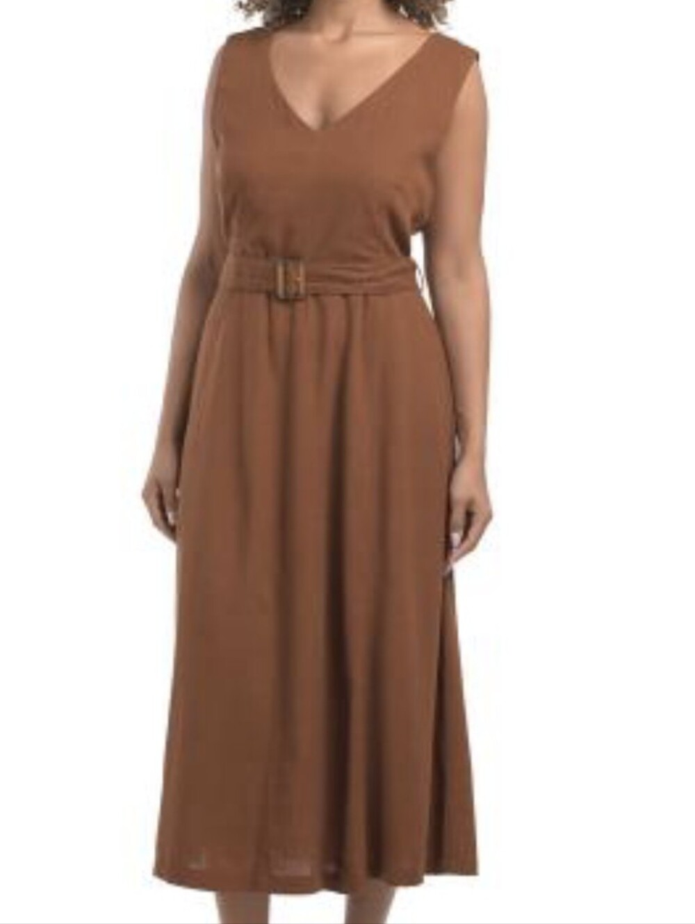 NWT-Ellen Tracy Linen Blend Belted V-Neck  Sleeveless "Copper" Midi Dress-Size M